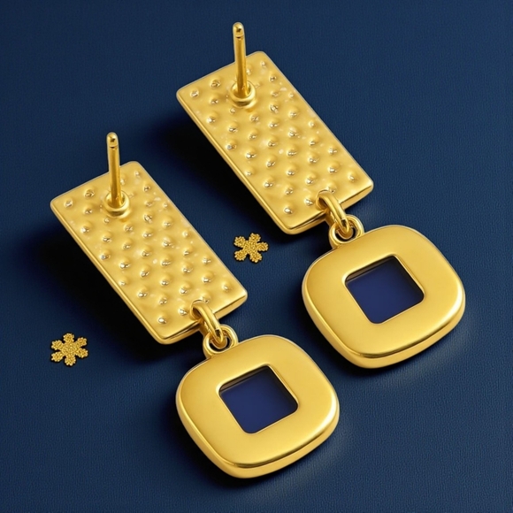 ποΈGold Plated Hammered Geometric Earrings with Lapis Lazuli Genuine Stone β¨ - Picture 9 of 11